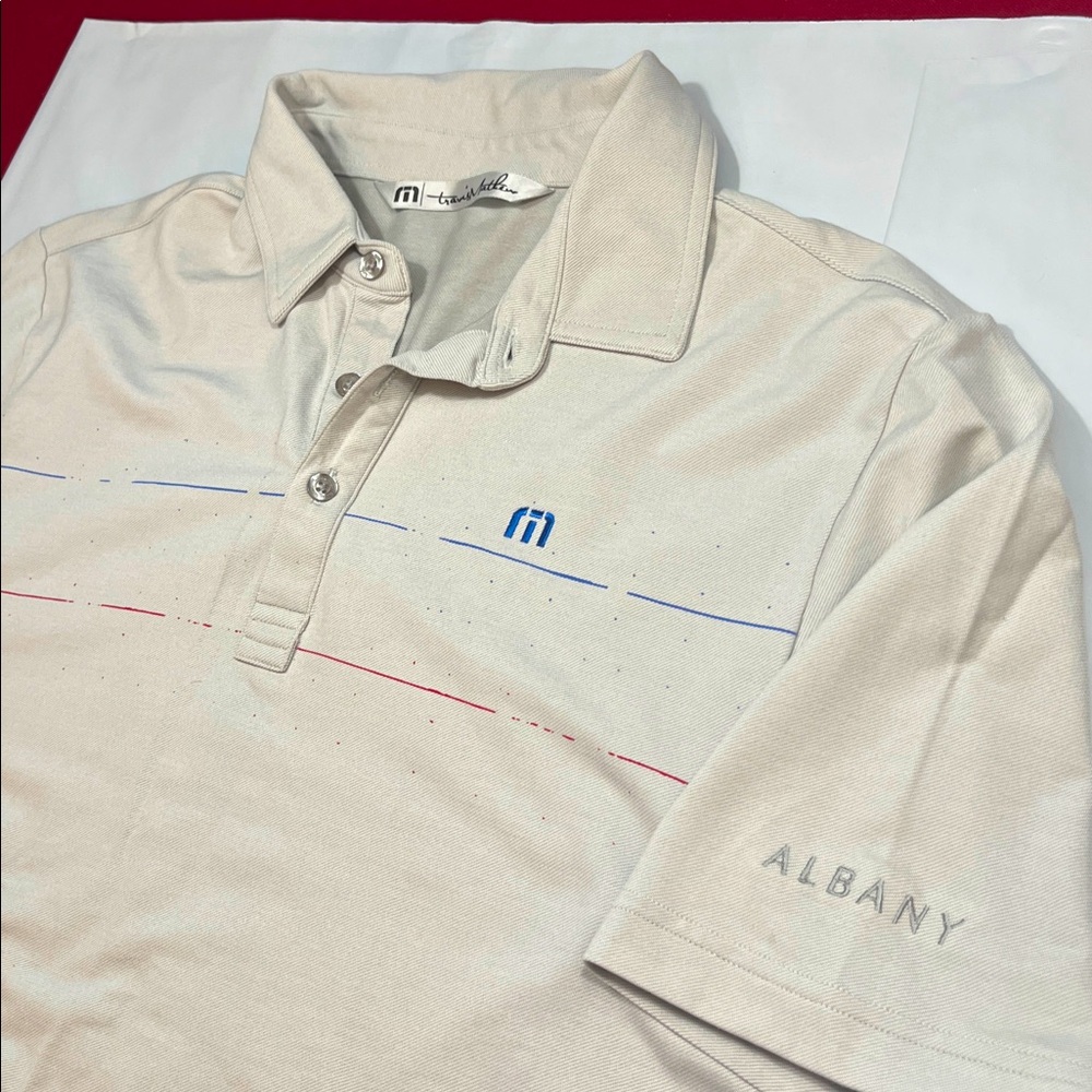 Travis Mathews Light GRAY golf POLO Shirt ALBANY On Sleeve Blue Chest Stripes M